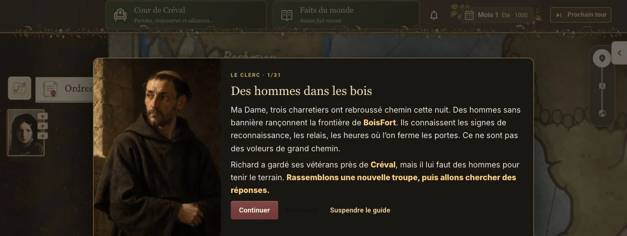 Le clerc introduit l’aventure Les hommes sans bannière dans le tutoriel d’Estoire.
