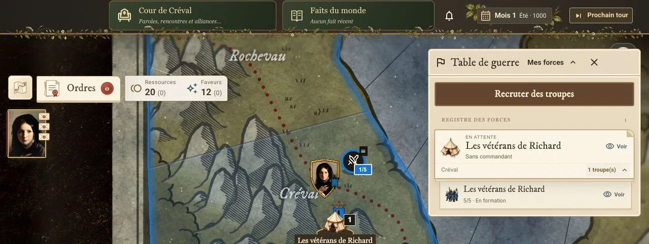 La table de guerre d’Estoire et les forces disponibles dans le tutoriel.