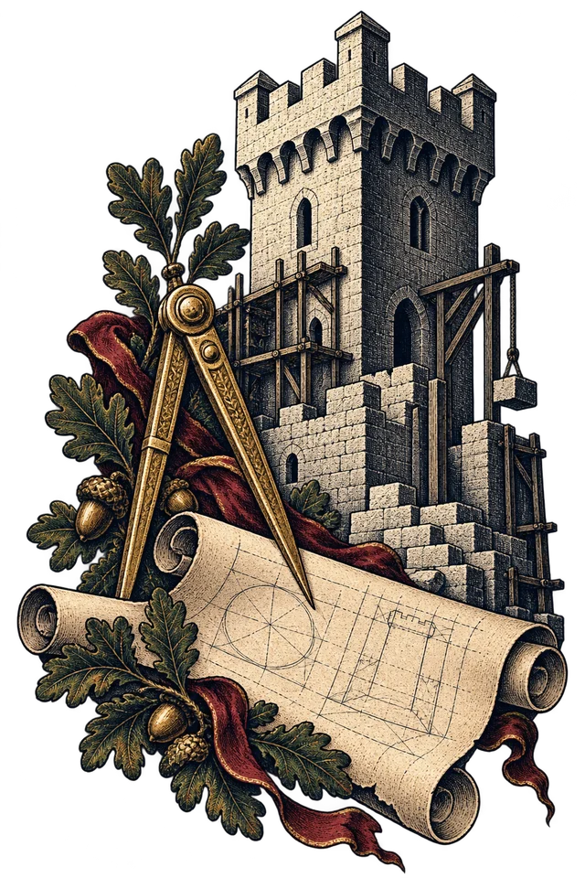 Une tour en construction, un compas et des plans sur parchemin, en linogravure.